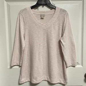 CHICOS 3/4 Sleeve V Neck Shirt Pink & White Stripe Size 1 (M)